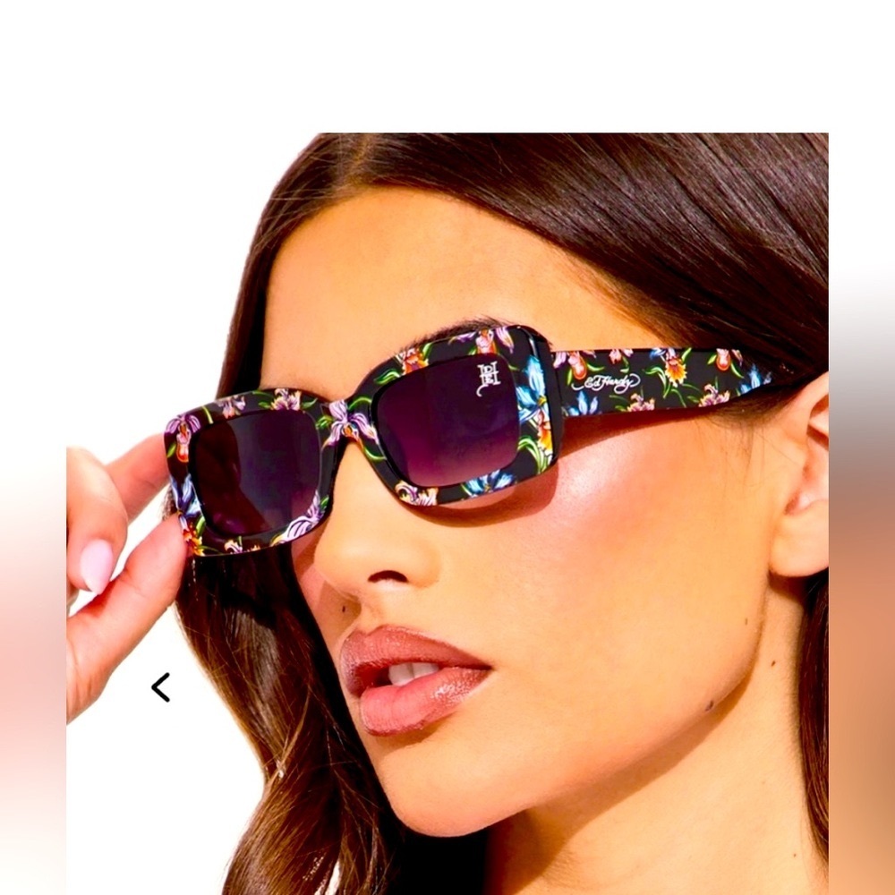 Ed Hardy Black Floral Rectangular Sunglasses